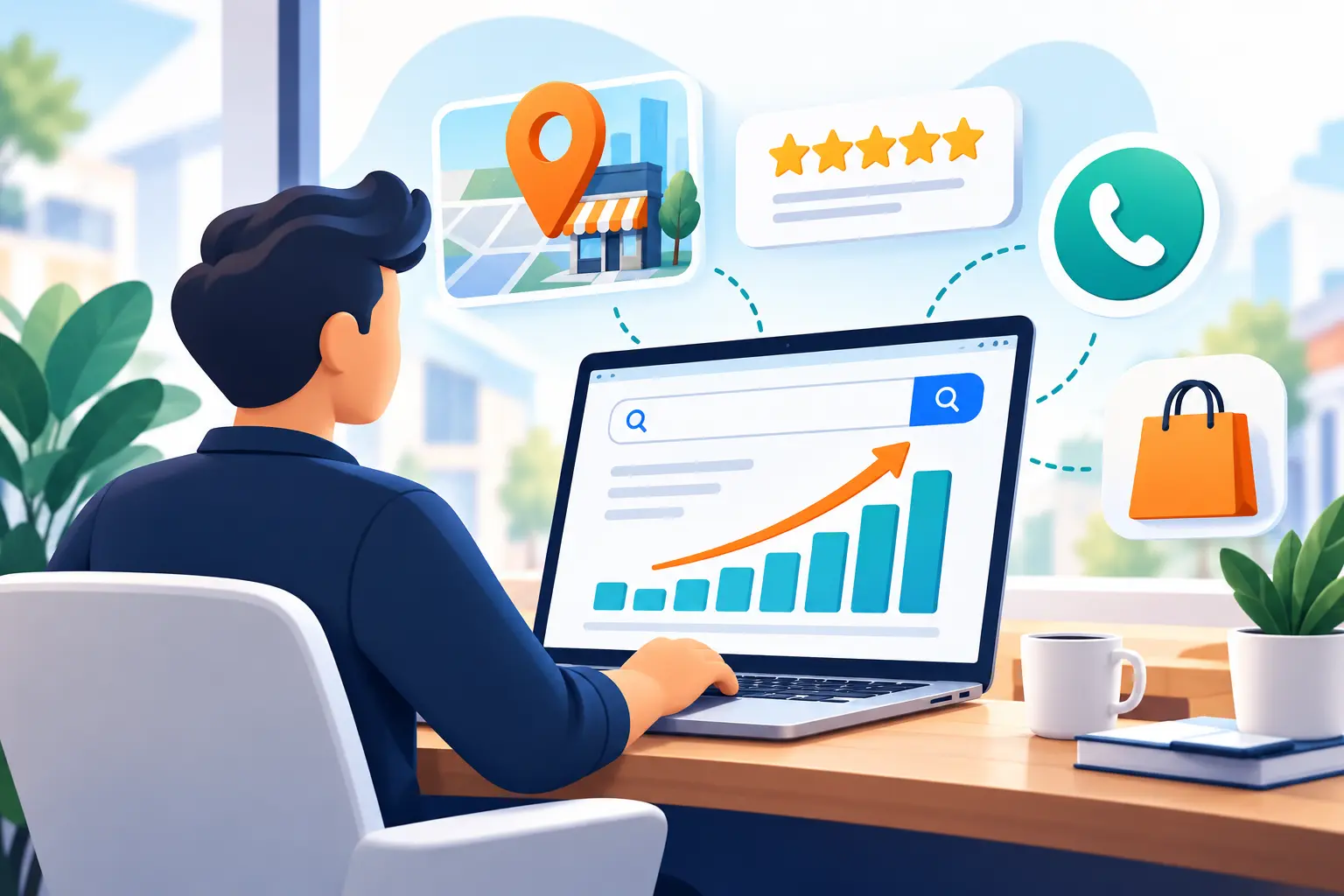 Small business owner reviewing SEO results on a laptop